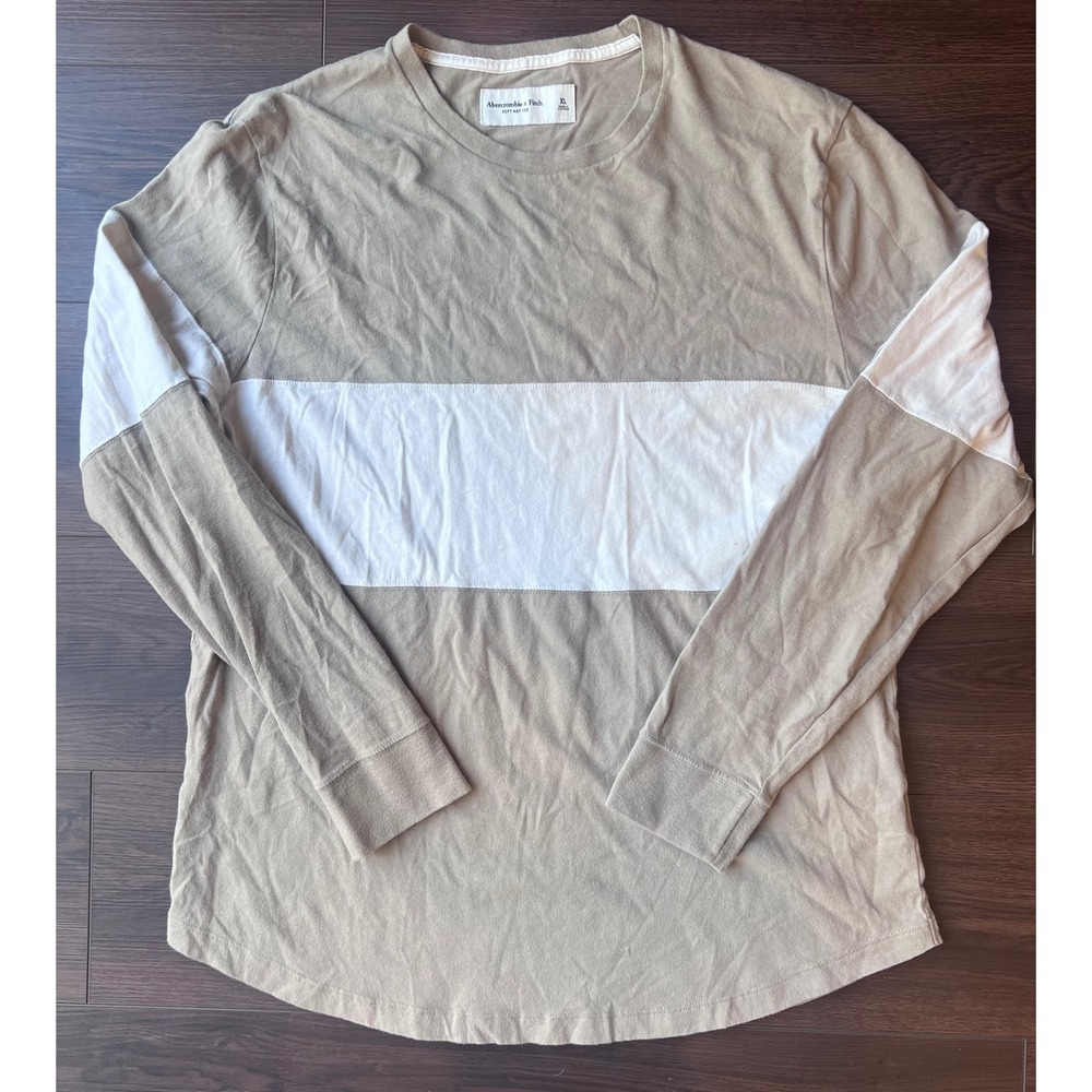 Abercrombie & Fitch Mens XL Soft A&F Tee Long Sleeve Colorblock Tan White Shirt